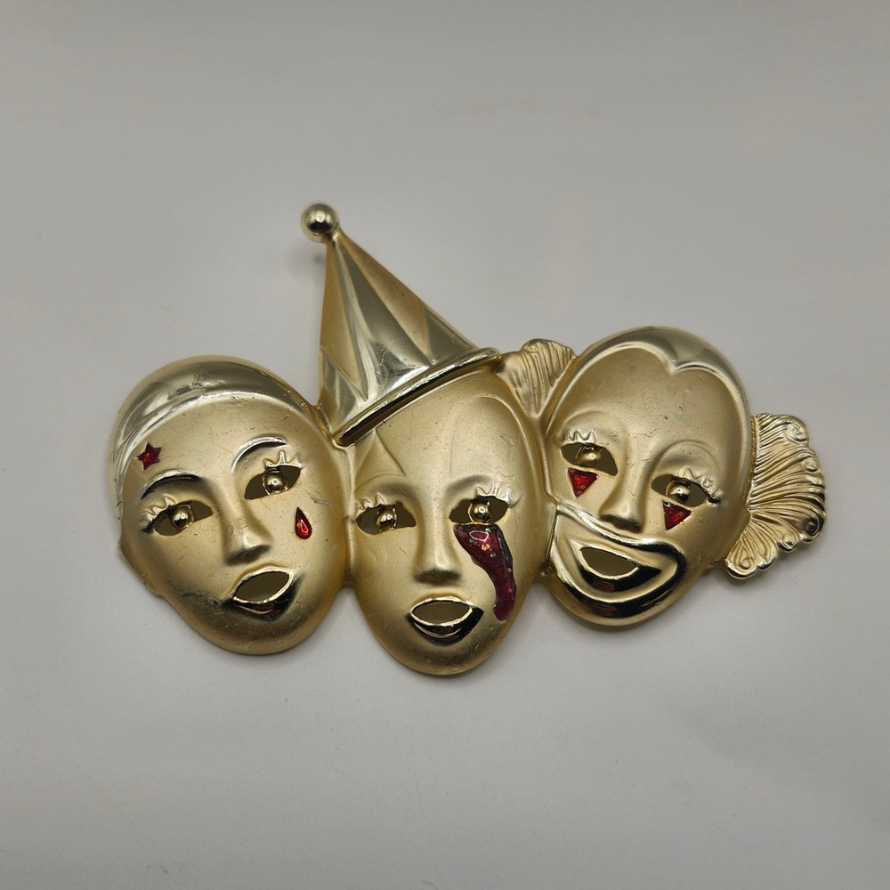 Vintage AJC Gold Tone Triple Clown Mask Brooch Pin Comedy Tragedy Mime